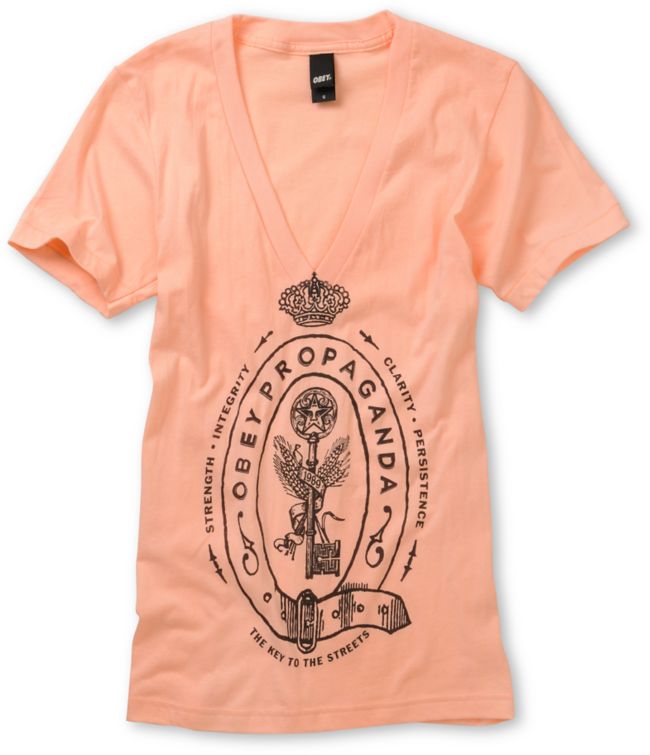 Obey Girls Keys To The Streets Salmon V-neck Tee Shirt