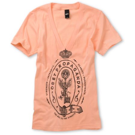 Obey Girls Keys To The Streets Salmon V-neck Tee Shirt