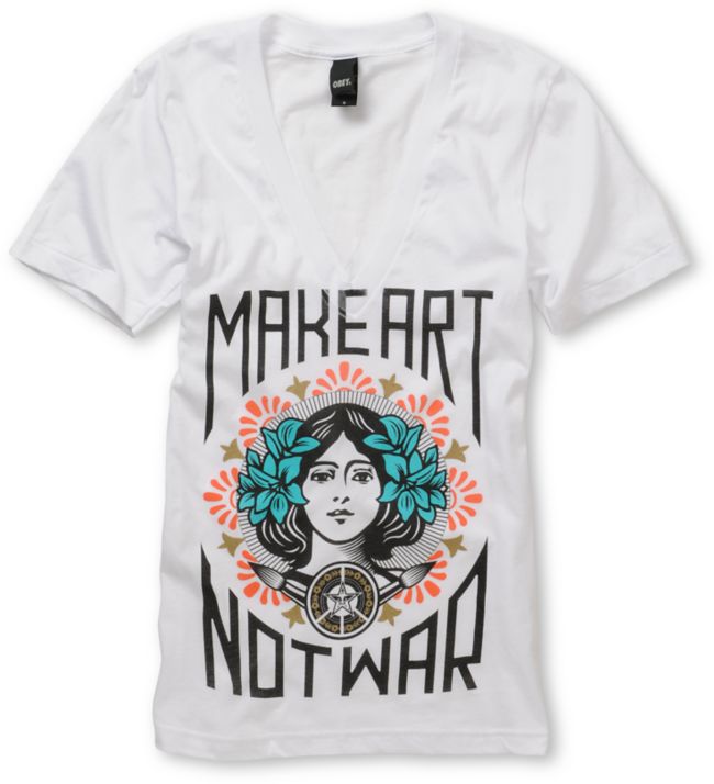 Obey Girls Make Art Not War White V-Neck Tee