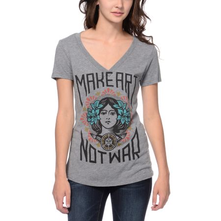 Obey Girls Make Art Not War Grey V-Neck Tee Shirt