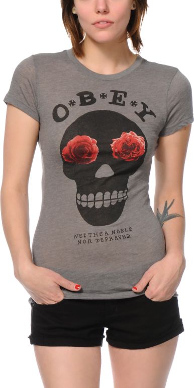 Obey Girls Sinner Heather Grey Crew Tee Shirt