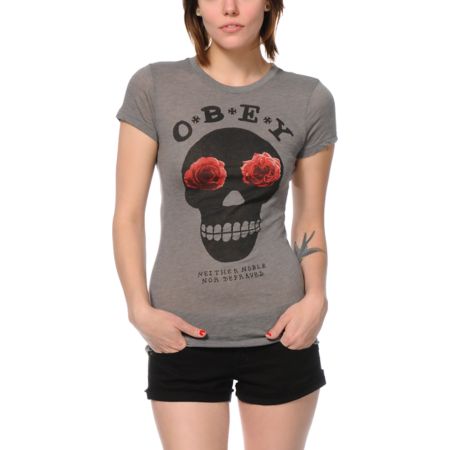 Obey Girls Sinner Heather Grey Crew Tee Shirt