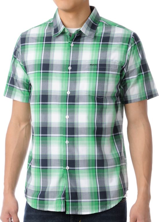 RVCA Riviera Green Plaid Short Sleeve Button Up Shirt