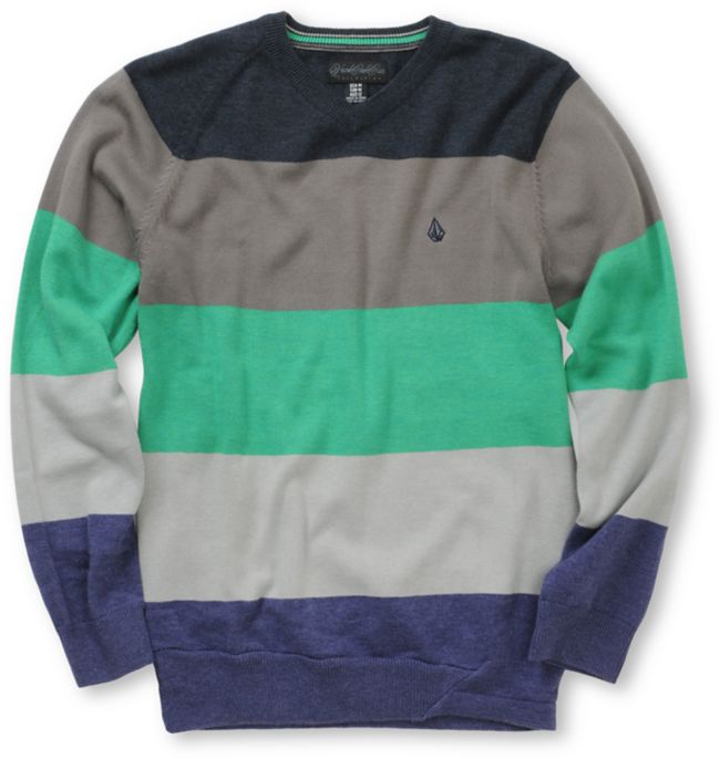Volcom Boys Standard Stripe Green V-Neck Sweater