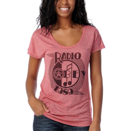 Obey Girls AM Radio Red Mock Twist Dolman Top