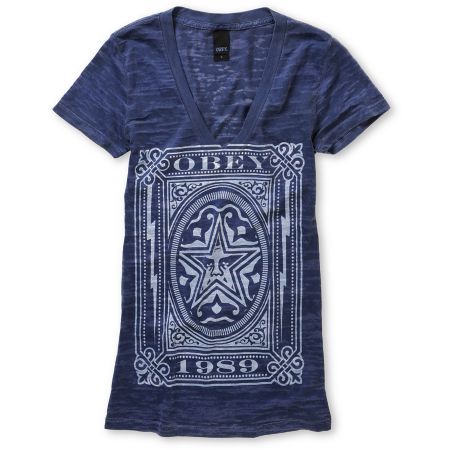 Obey Girls Imperial Label Blue V-Neck Tee Shirt