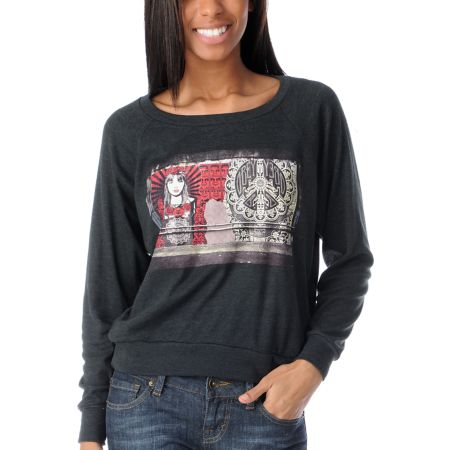 Obey Girls Rose Paste Charcoal Raglan Top