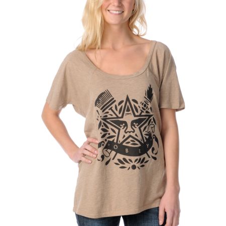 Obey Girls Star Torch Brown Raglan Dolman Tee Shirt