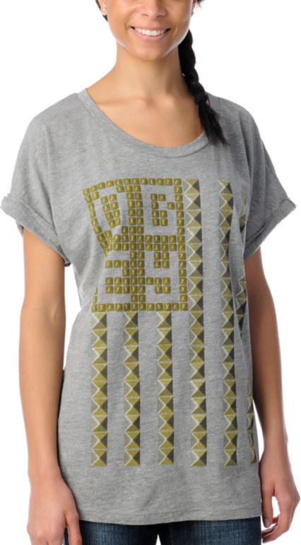 Obey Girls Grey Stud Flag Rolled Sleeve Dolman Tee Shirt