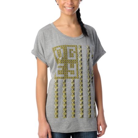 Obey Girls Grey Stud Flag Rolled Sleeve Dolman Tee Shirt