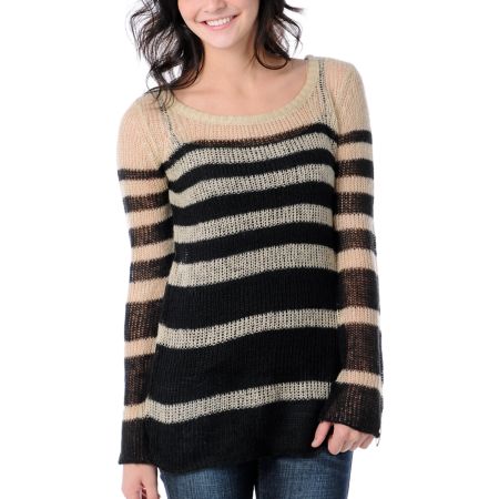 Billabong Girls Portobella Black & Creme Stripe Knit Crew Neck Sweater
