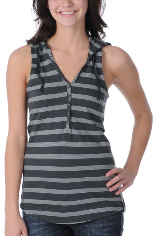Volcom Girls Coney Island Grey Stripe Hooded Tank Top