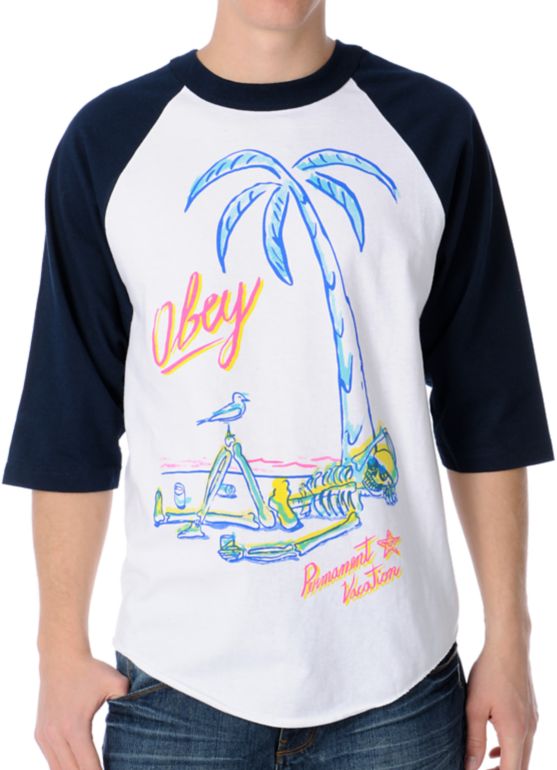 Obey Permanent Vacation White & Navy Baseball Tee