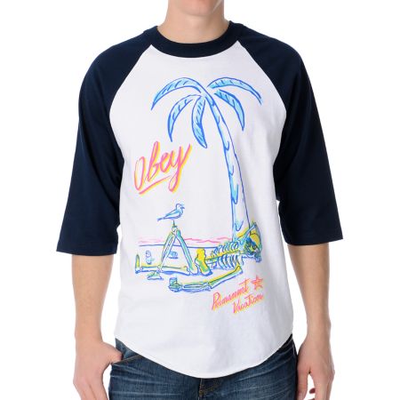 Obey Permanent Vacation White & Navy Baseball Tee Shirt