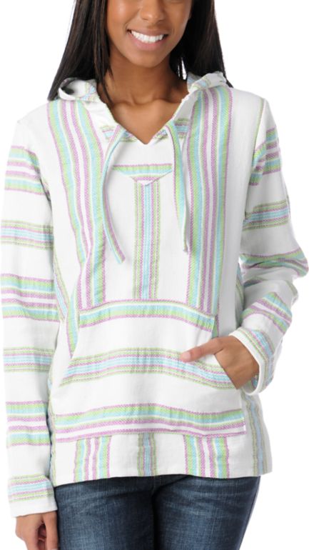 Senor Lopez Retro Cream, Aqua & Purple Girls Baja Poncho