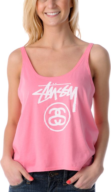 Stussy Girls Stock Link Neon Pink Slouchy Crop Tank Top