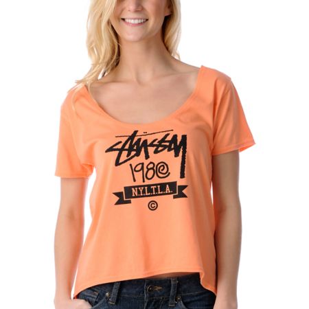 Stussy Stock Banner Neon Orange Slouchy Crop Top