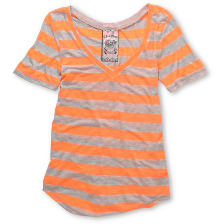 A Fine Mess Girls Daydreamer Orange Neon Stripe V-Neck Tee Shirt