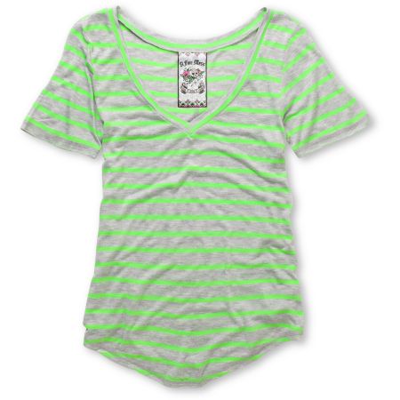 A Fine Mess Girls Meringue Green Neon Stripe V-Neck Tee Shirt