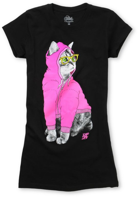 A-Lab Girls Hipster Cat Black Crew Neck Tee Shirt