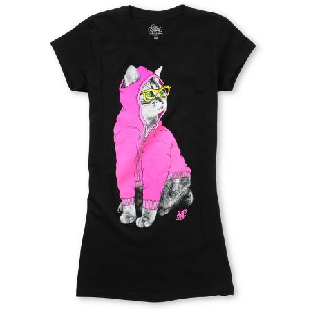 A-Lab Girls Hipster Cat Black Crew Neck Tee Shirt