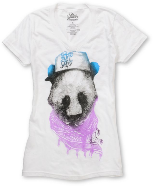 A-Lab Girls Gangsta Panda White V-Neck Tee Shirt