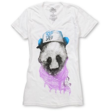A-Lab Girls Gangsta Panda White V-Neck Tee Shirt