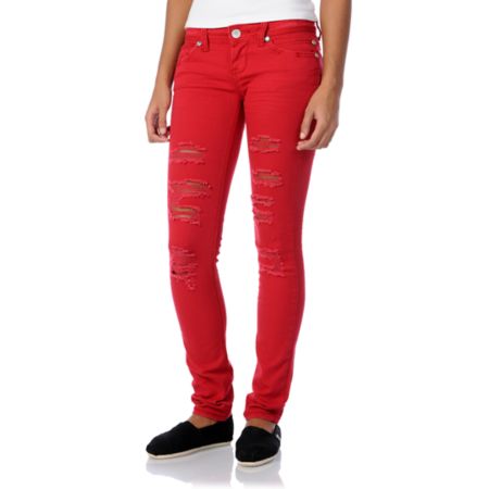 Almost Famous Jana Distressed Red Skinny Jeans