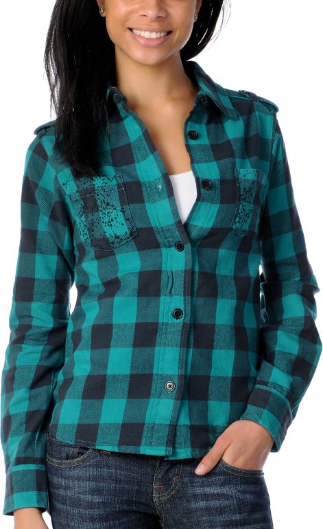 Stussy Girls Bright Teal Buffalo Plaid Flannel