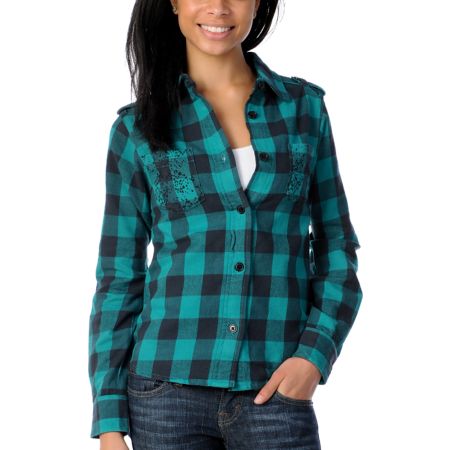 Stussy Girls Bright Teal Buffalo Plaid Flannel