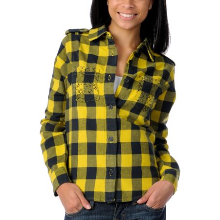 Stussy Girls Bright Yellow Buffalo Plaid Flannel