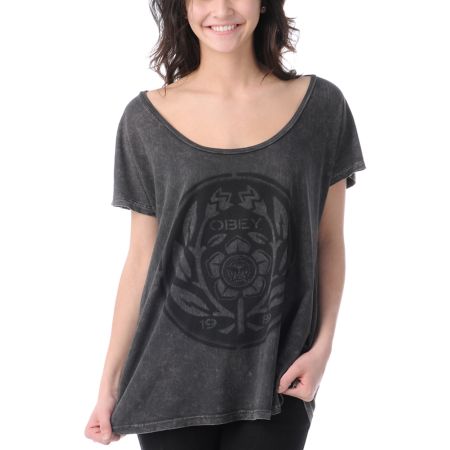 Obey Girls Flower Power Brown Mineral Wash Tee Shirt