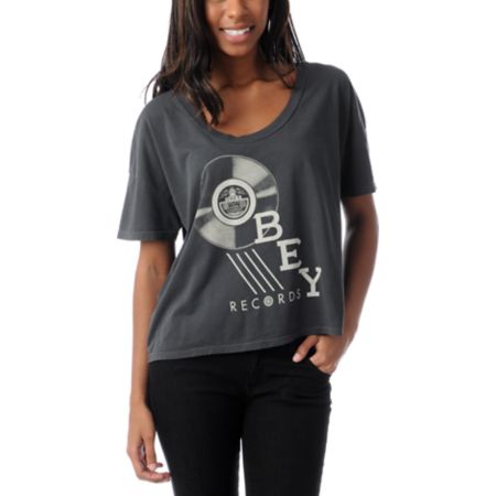 Obey Radio Charcoal Grey Crop Tee Shirt