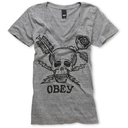 Obey Forces Heather Grey Tri-Blend Deep V-Neck Tee Shirt
