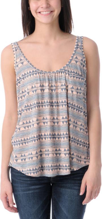 Billabong In Pieces Peach & Blue Tribal Print Tank Top