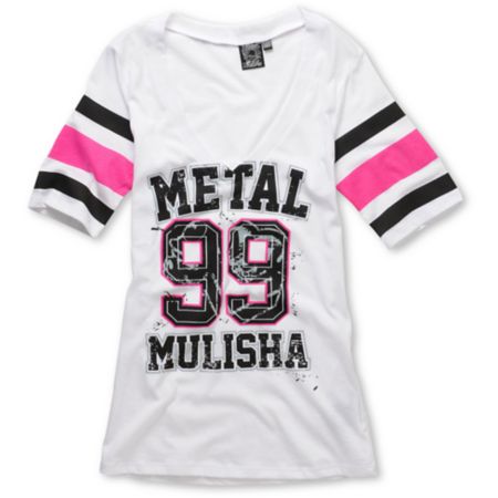 Metal Mulisha Girls Lucky White V-Neck Football Tee Shirt