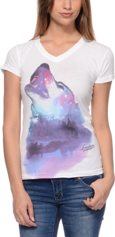 Empyre Girls Wolfy White V-Neck Tee Shirt