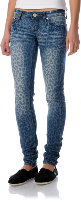 Almost Famous Sasha Girls Blue Leopard Print Super Skinny Jeans
