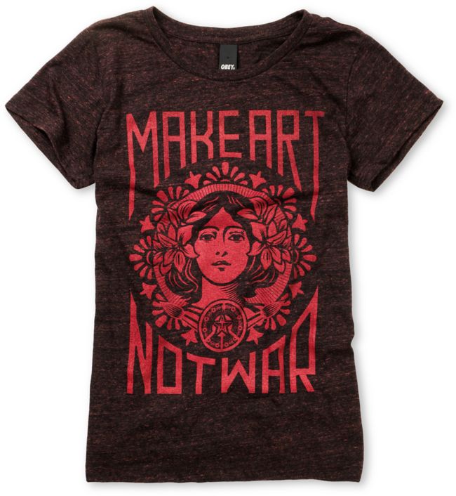 Obey Girls Make Art Not War Dark Red Heather Tee Shirt