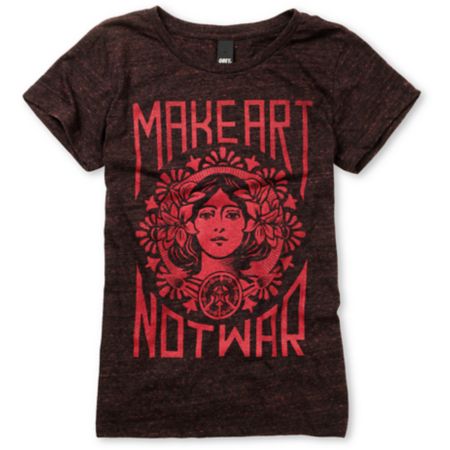 Obey Girls Make Art Not War Dark Red Heather Tee Shirt