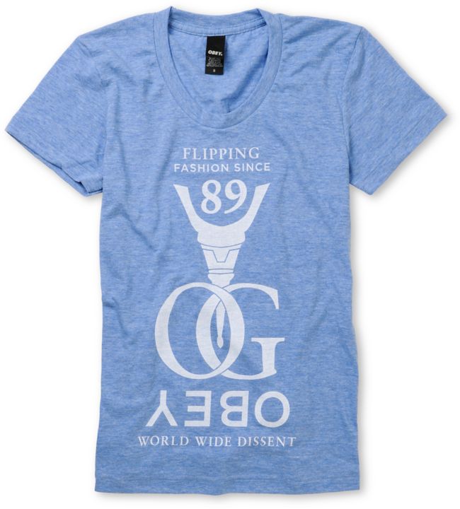 Obey Girls Flipping Fashion Light Heather Blue Tee Shirt