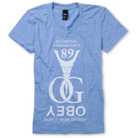 Obey Girls Flipping Fashion Light Heather Blue Tee Shirt