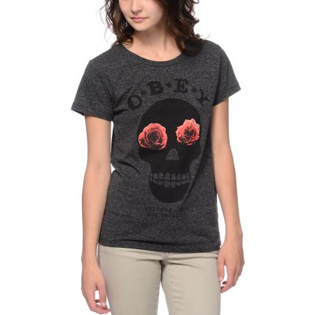 Obey Girls Sinners Heather Charcoal Tee Shirt 