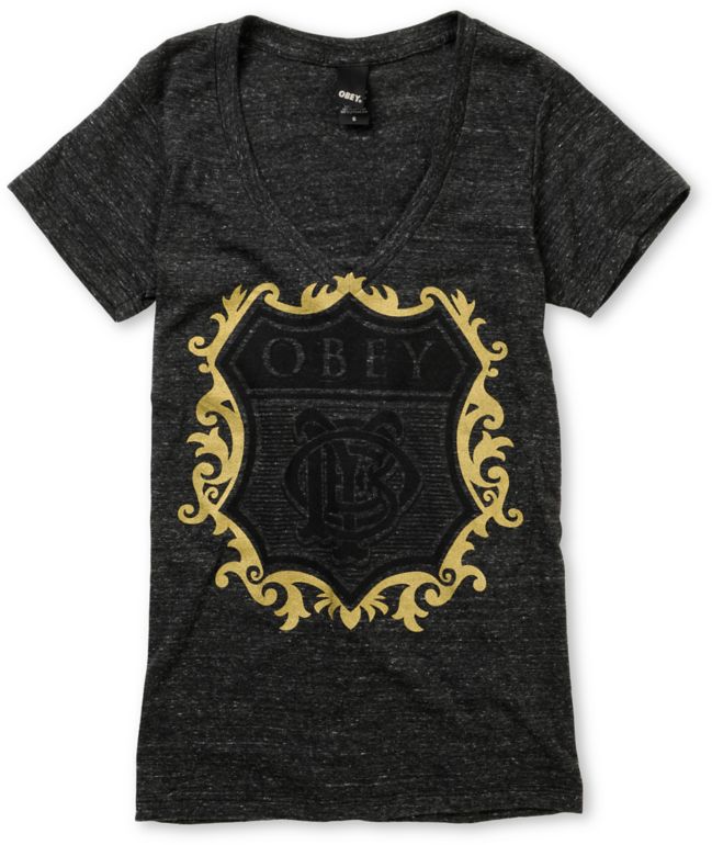 Obey Girls Low Life Charcoal Heather V-Neck Tee Shirt