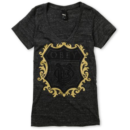 Obey Girls Low Life Charcoal Heather V-Neck Tee Shirt