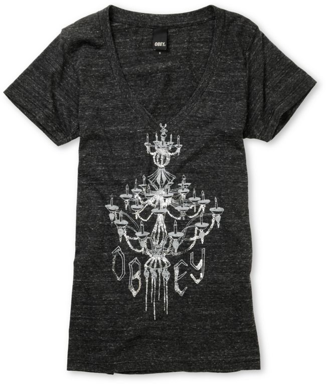 Obey Girls Engagement Charcoal Heather V-Neck Tee Shirt