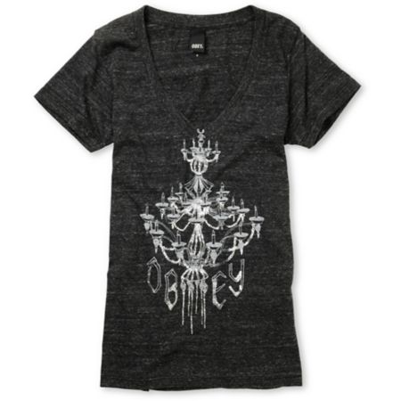 Obey Girls Engagement Charcoal Heather V-Neck Tee Shirt