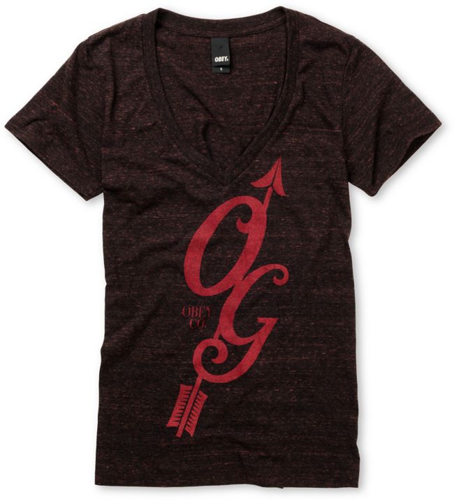 Obey Girls Heart String Dark Red Heather V-Neck Tee Shirt