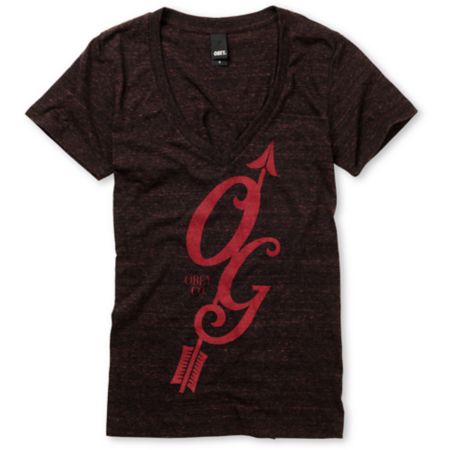 Obey Girls Heart String Dark Red Heather V-Neck Tee Shirt