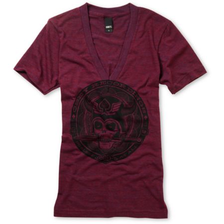 Obey Girls No Sleep Heather Maroon Tri Blend V-Neck Tee Shirt